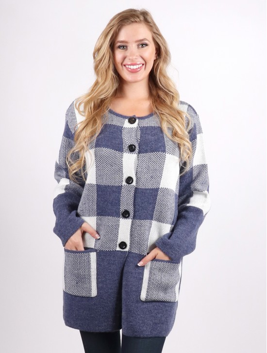 Plaid Knit Sweater Jacket W/ Buttons and Pockets